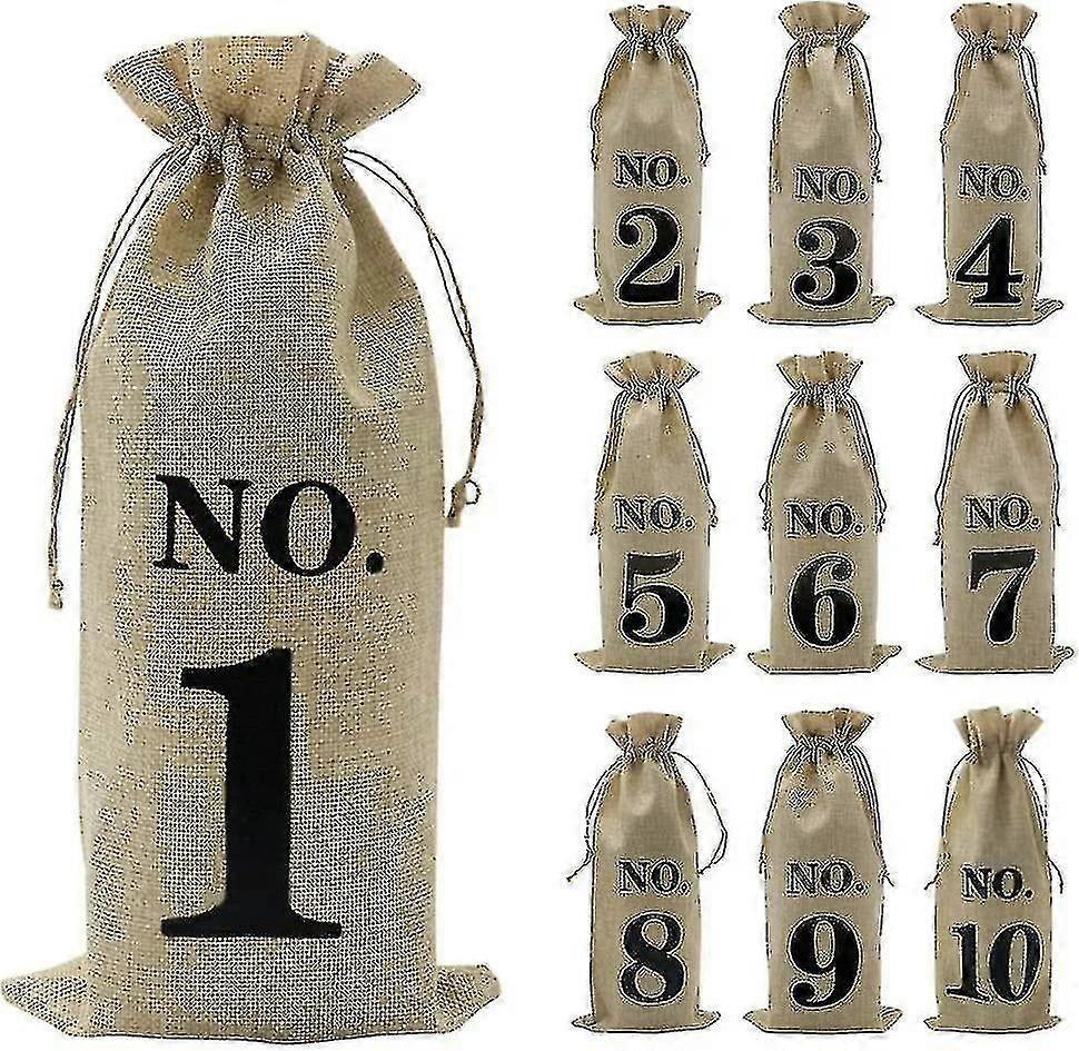 10 قطع أكياس زجاجة نبيذ الجوت مع الرباط ، مرقمة 14 × 6.25 بوصة لتغليف الهدايا ذات التذوق الأعمى (بني)