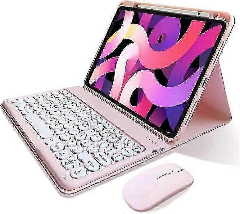 Keyboard Case for Tablets with Mouse Cute Round Keys Detachable Bluetooth Keyboard Slim Smart Cover with Pencil Holder (Pink)