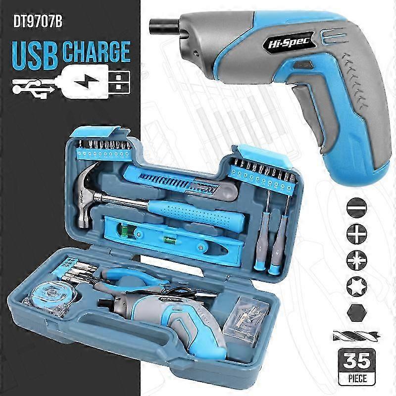 Blue 4V Electric Screwdriver - Multifunction Cordless Drill Driver with Complete Kit of Tools and Accessories - Storage Case with Hammer, Pliers, Dri