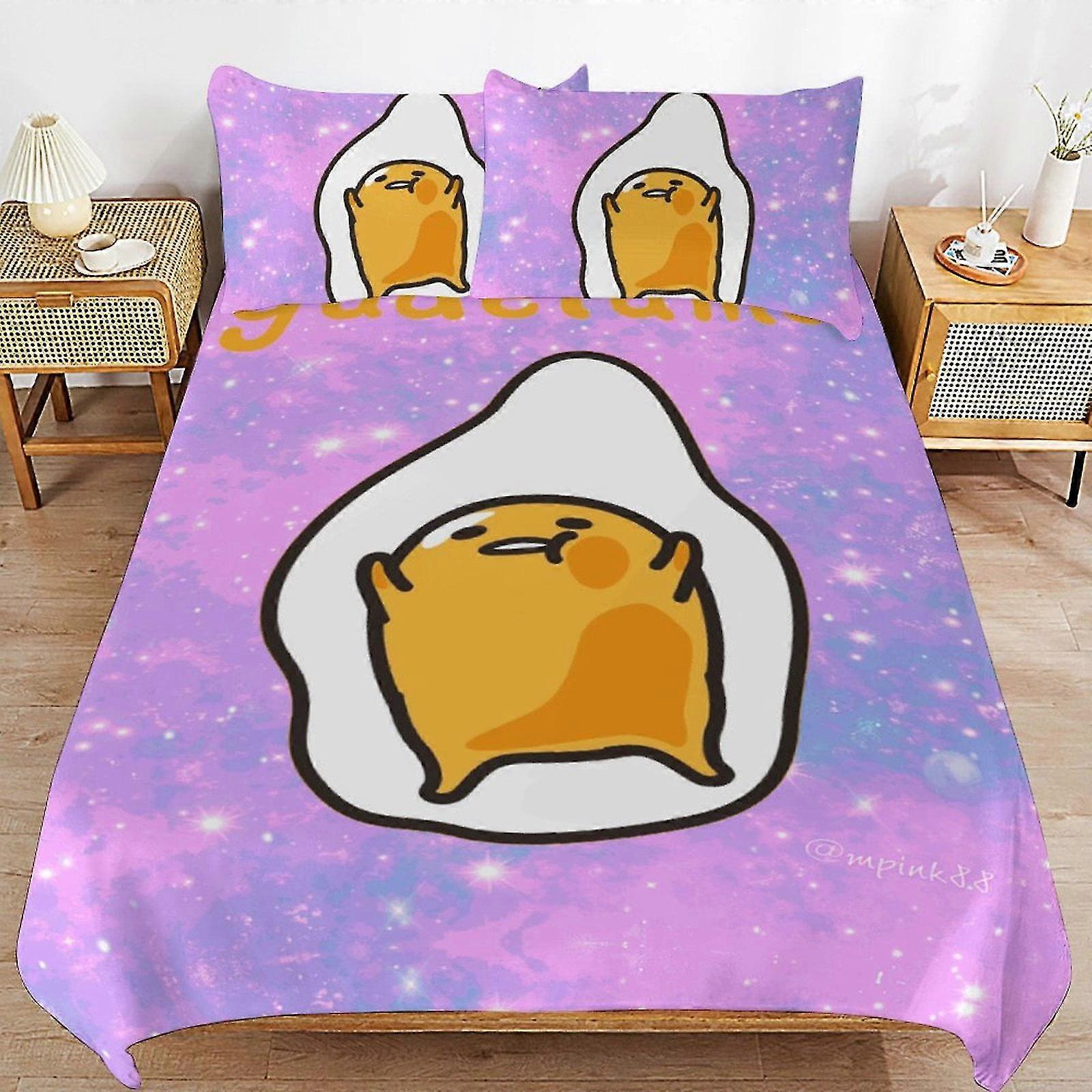 Conjunto de cama estilo Gudetama Microfibra 3D impresso leve Conjunto de edredom de 3 peças com capa de edredom e travesseiros para crianças