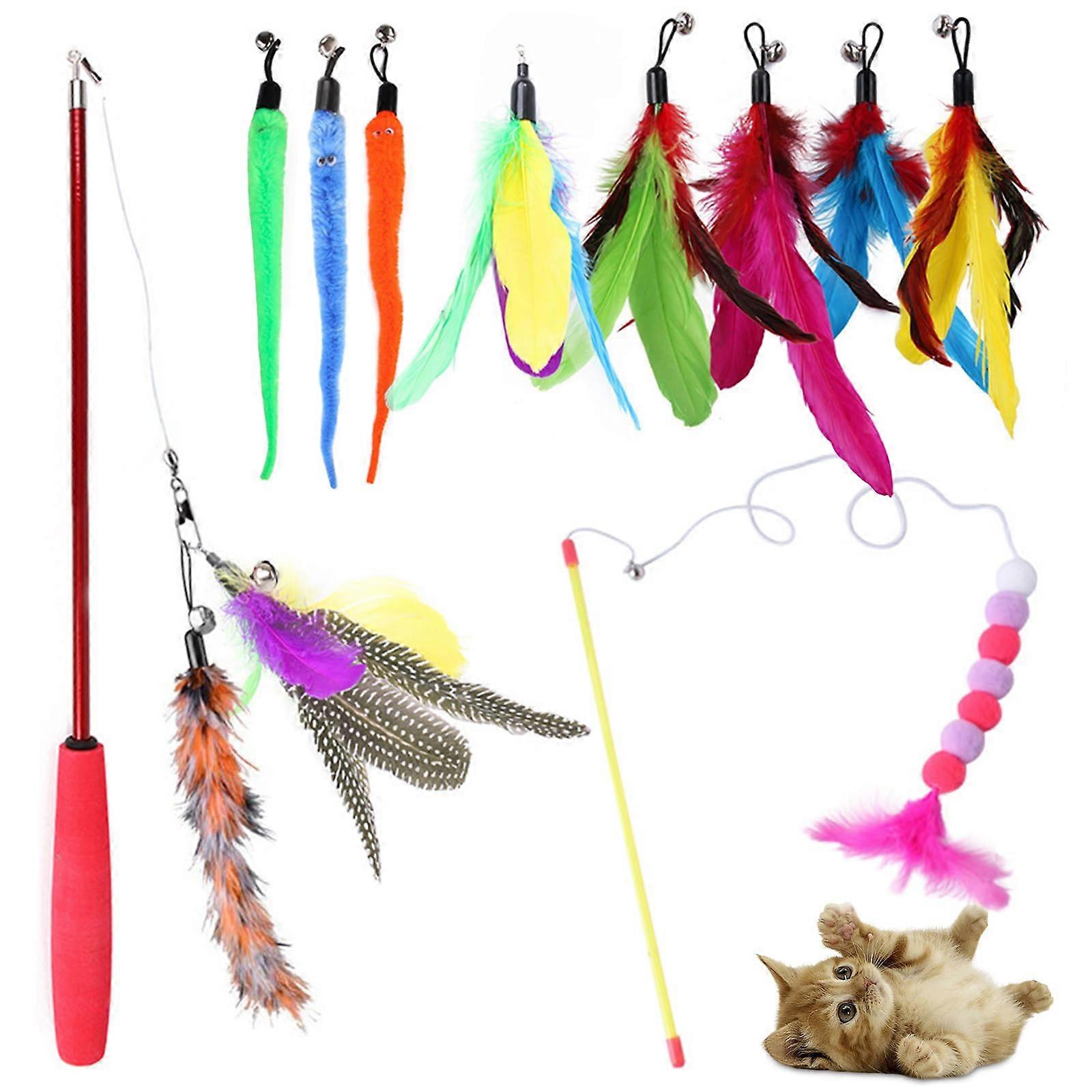 Cat Toy Pack of 12 Interactive Feather with Retractable Fishing Rod