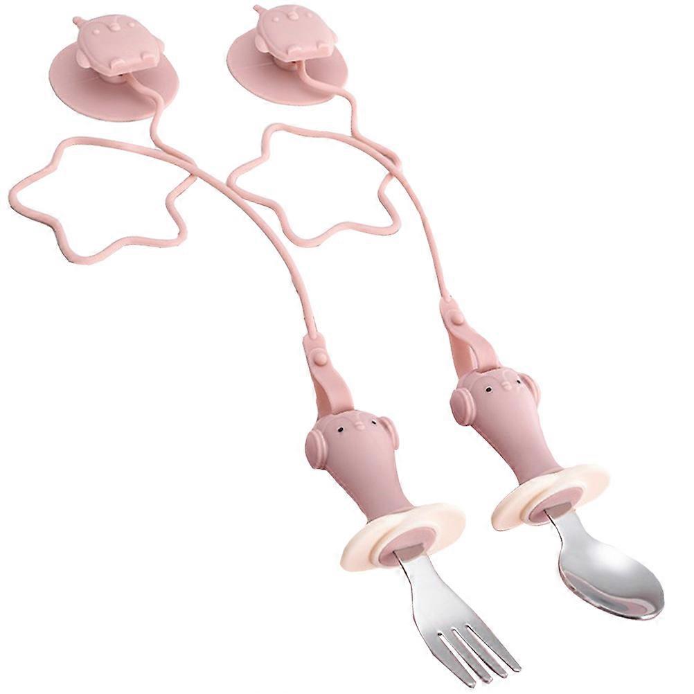 Toddler Dining Set with Suction Cup and Chain for Kids in Pink Silicone and Stainless Steel 1 Set