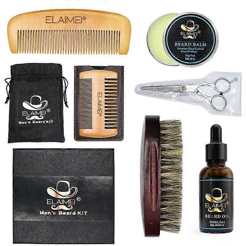 Kit de toilettage de la barbe pour hommes - Le kit comprend une brosse à barbe 100 % verrat, un peigne en bois, un baume à barbe, de l’huile à barbe, des ciseaux à barbe et un sac de rangement