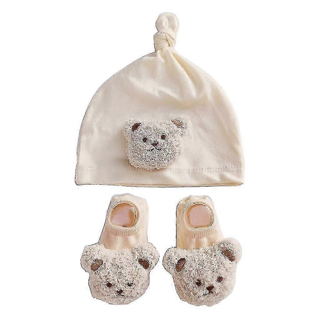 Windproof Infant Hat And Floor Socks Set For Infants Cute Bear Baby Beanie Cap