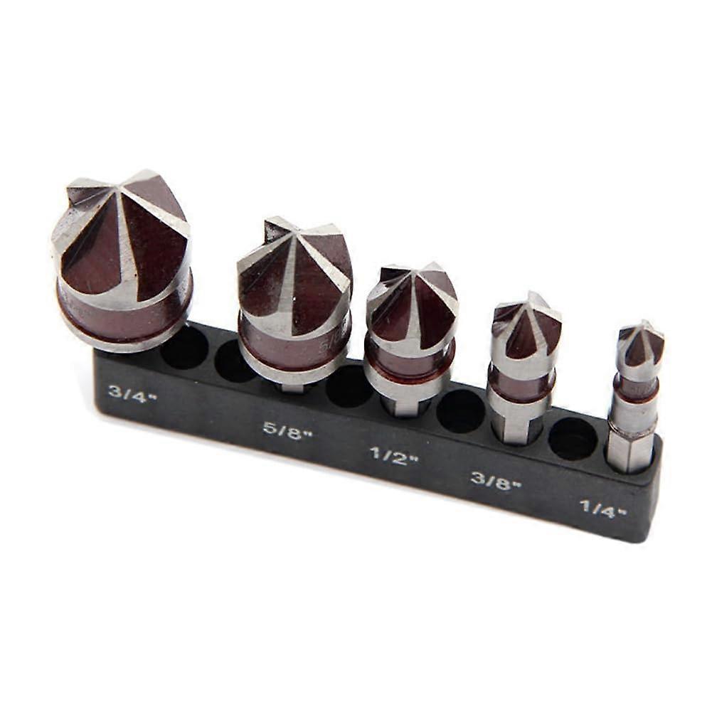 5-Piece M35 Metal Countersink Drill Bit Set 82° with Hex Shank Sizes 1/4, 3/8, 1/2, 5/8 for Wood and Metal