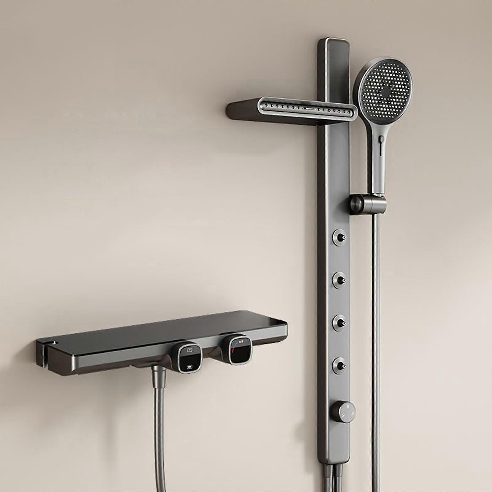 Bathtub faucet with shelf Gray bathtub waterfall wallmounted faucet with hand shower and shower hose