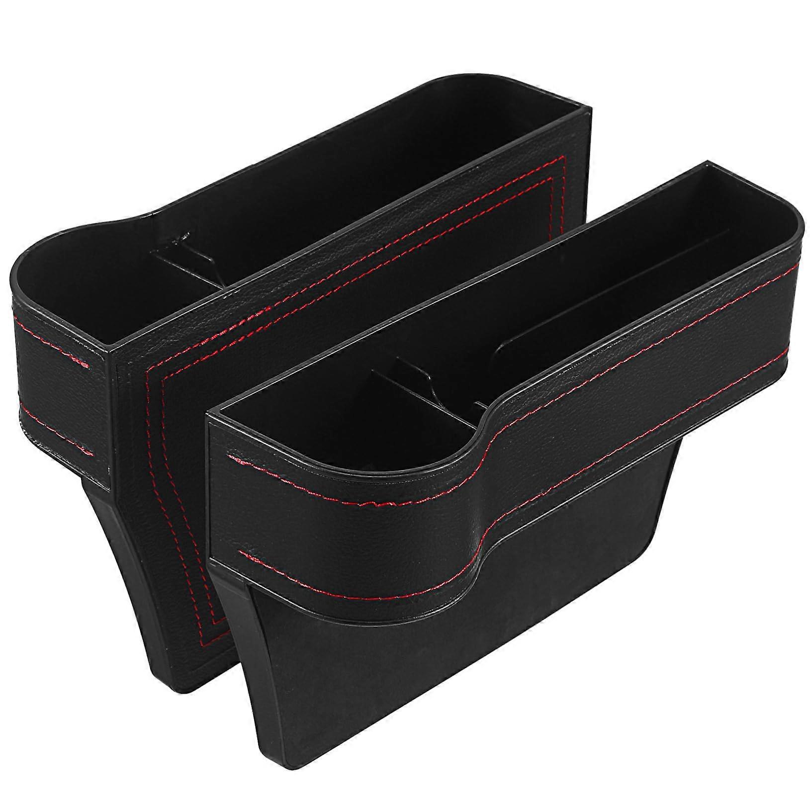 Car Seat Organizer Set of 2, Black Leather Look Storage Box for Drinks, Snacks, and Phone, Compatible with All Vehicles