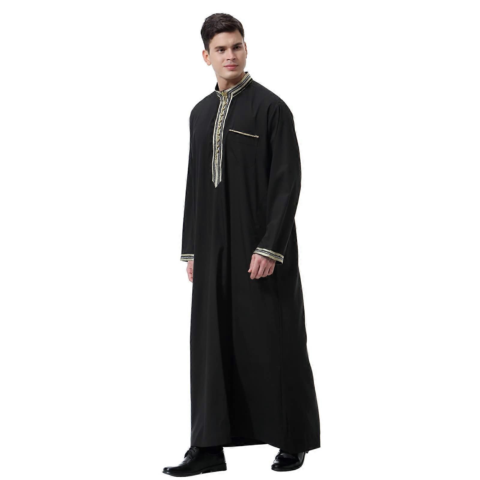 Islamic Clothing Men's Kaftan Ethnic Robe Sleepwear Loose Summer Thobe with Pockets Long Button Stand Neck Black M