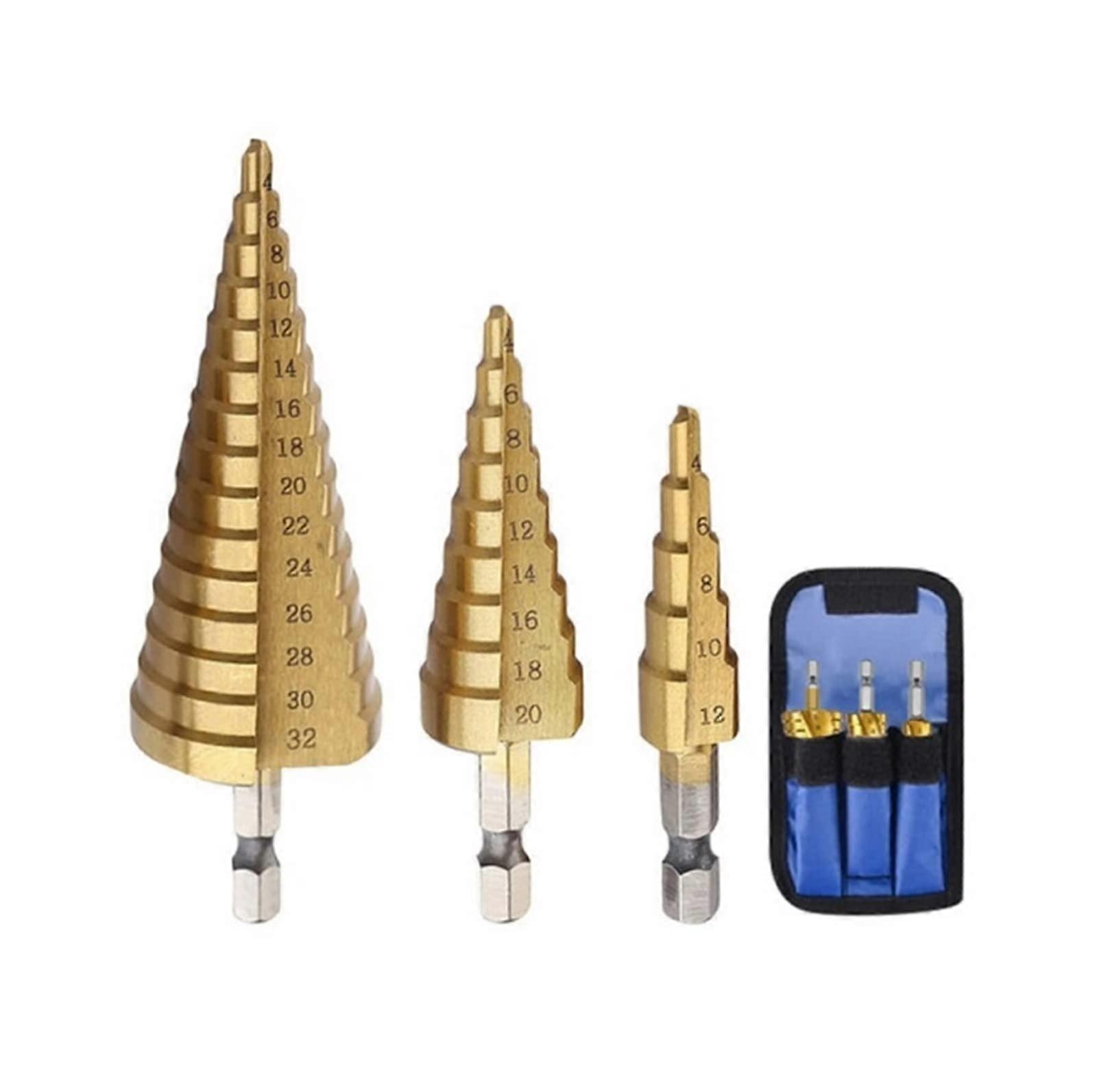 3 Pieces/Set 412mm 420mm Straight Spiral Flute Step Drill Bit Coated Wood Metal Hole Cutter Core Drill Tools (Color: Set 4, Size: Hexagonal)