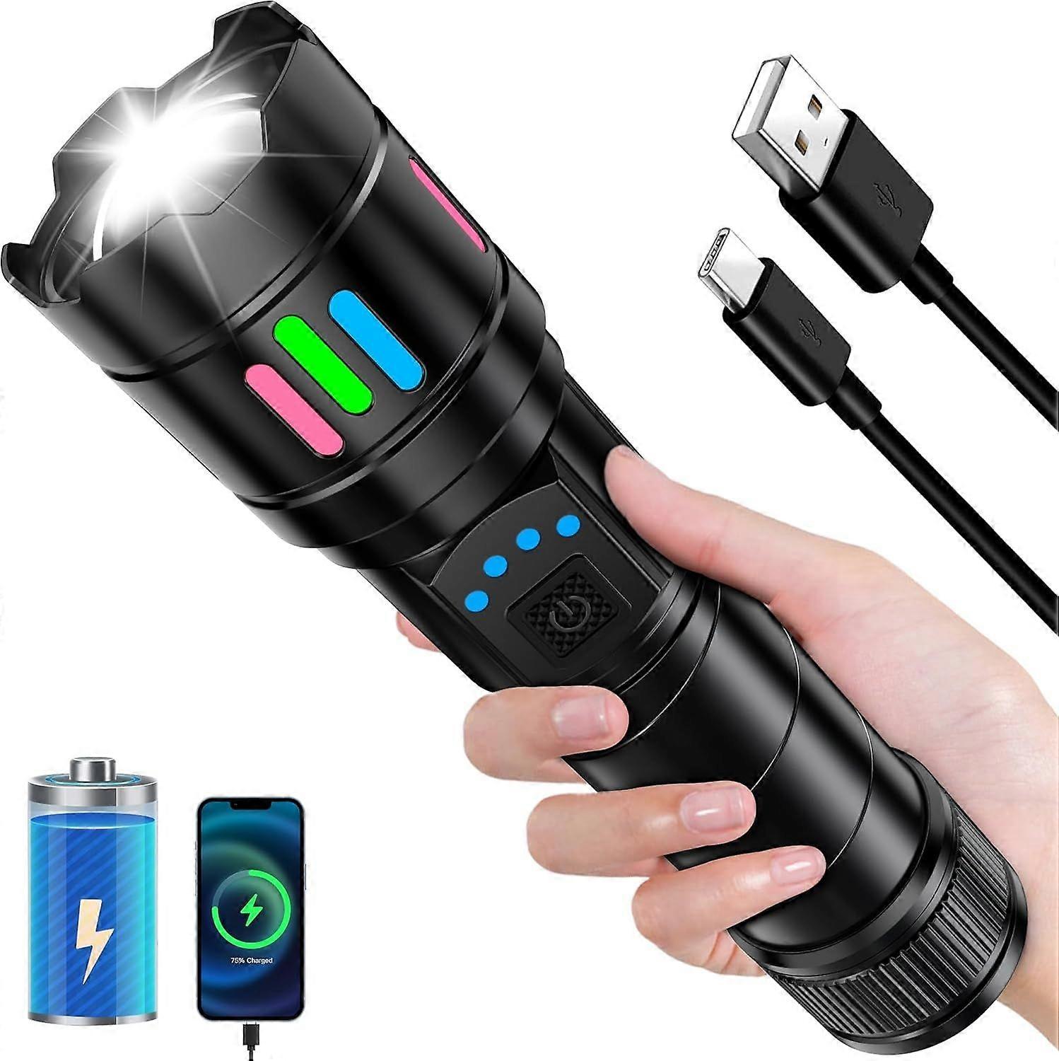 Super Bright 13 Modes Adjustable Flashlight, Zoomable and Long Battery LED Flash Light, Waterproof(Black)