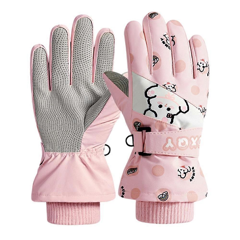 DRST44 1 Pair Cartoon Pattern Ski Gloves for Kids Winter Fleece Lined Windproof Cycling Mittens
