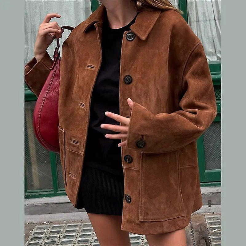 Women's Jacket Coat Laps Retro Button Long Sleeve Deep Coffee Sweet Clear