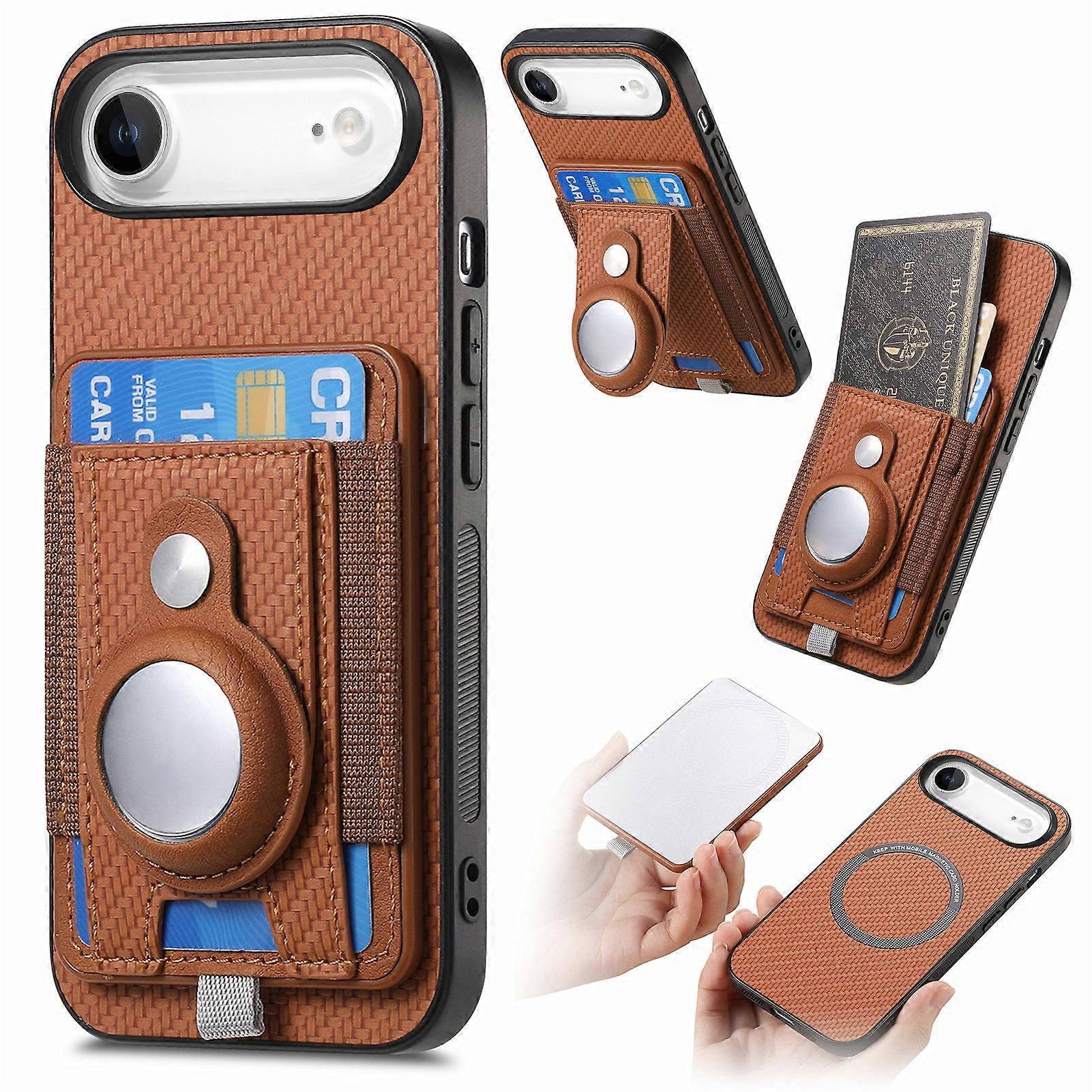 TKdaddy لجهاز iPhone Air Case RFID حجب غطاء خلفي للهاتف من ألياف الكربون الجلدية مع حامل بطاقة بني