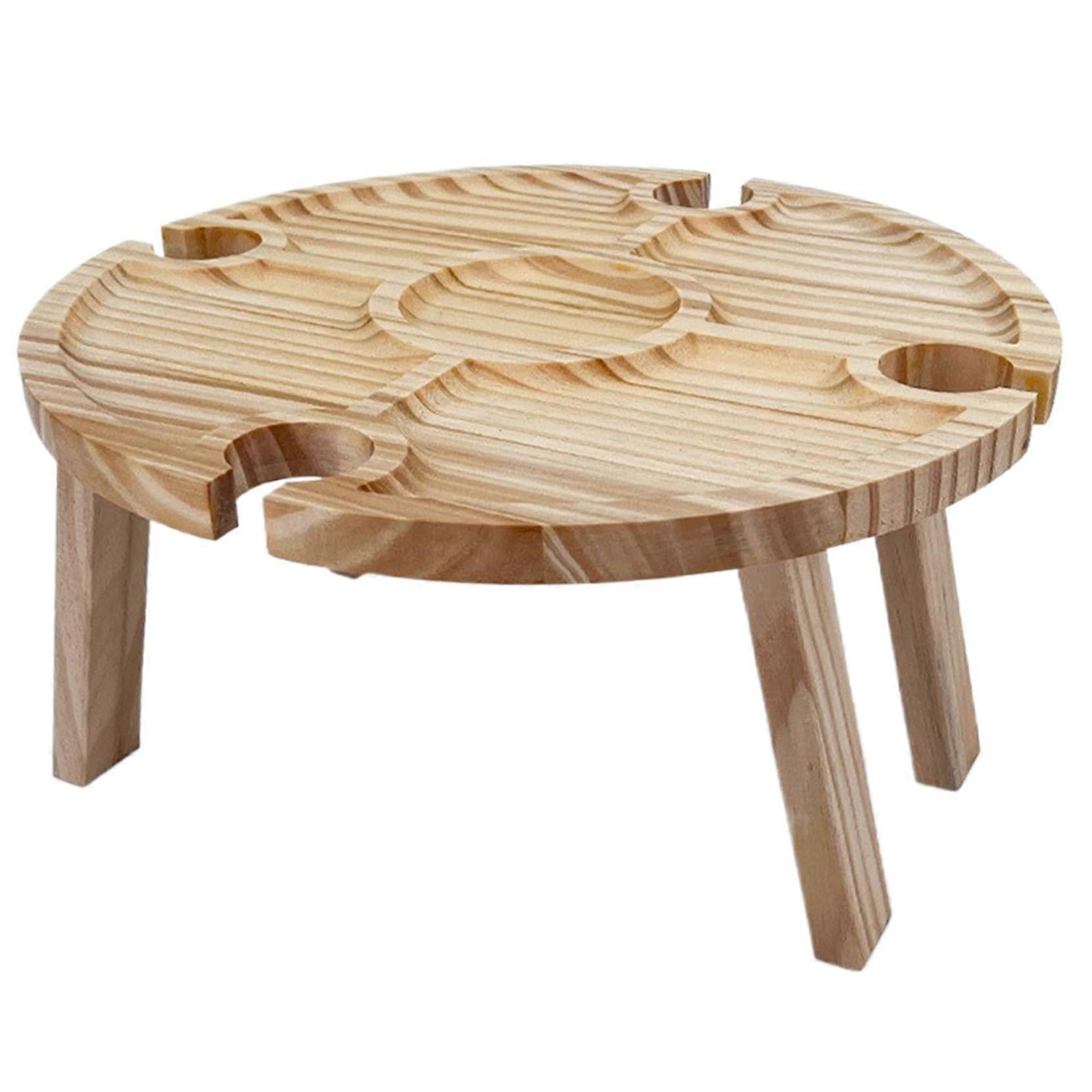 Wine Picnic Table with Wine Glass Holder, 12 Inch Wood Portable Folding Snack Table, Non-Slip Design with Compartmental Dish