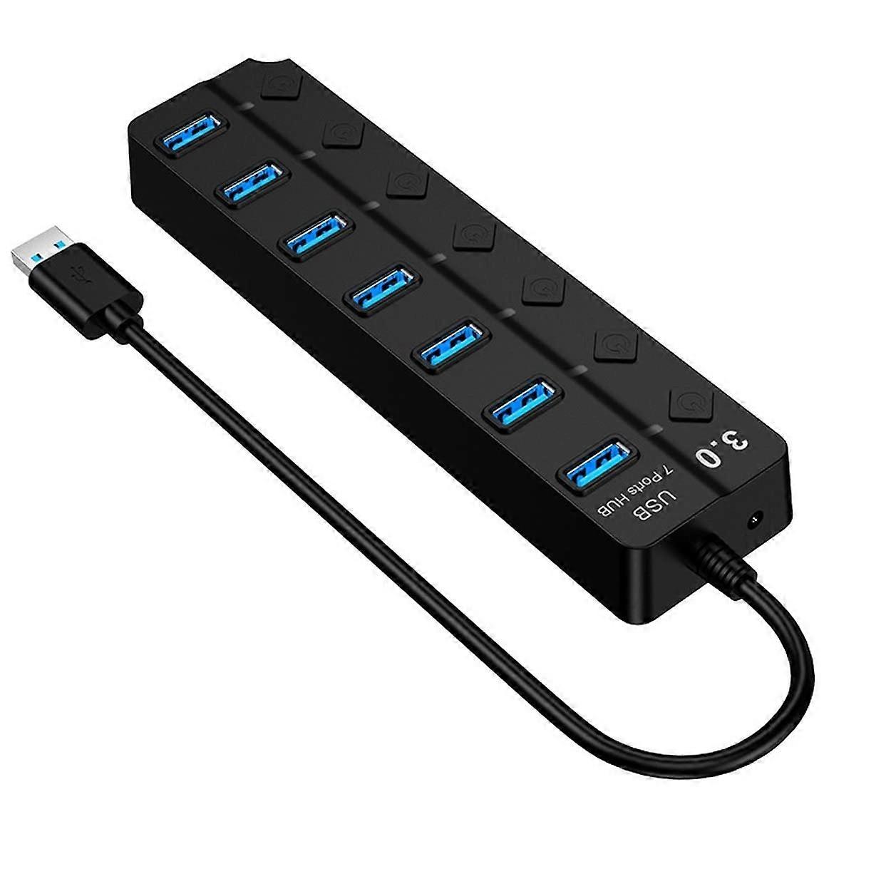 USB Hub 7Port USB 3.0 2.0 With Individual LED Power Switches, Portable Speed Hub For Tablet Laptop Printer Black