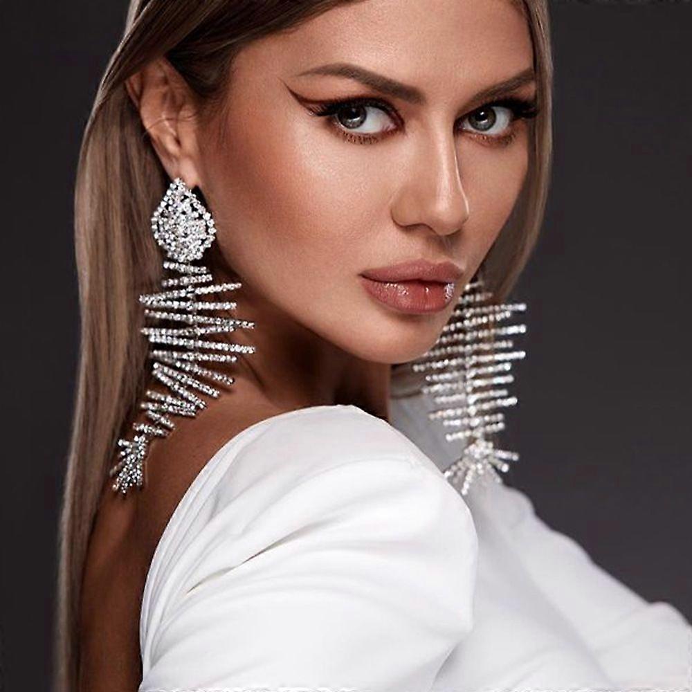 Diamond-studded fishbone earrings, long disco-style large earrings, exaggerated
