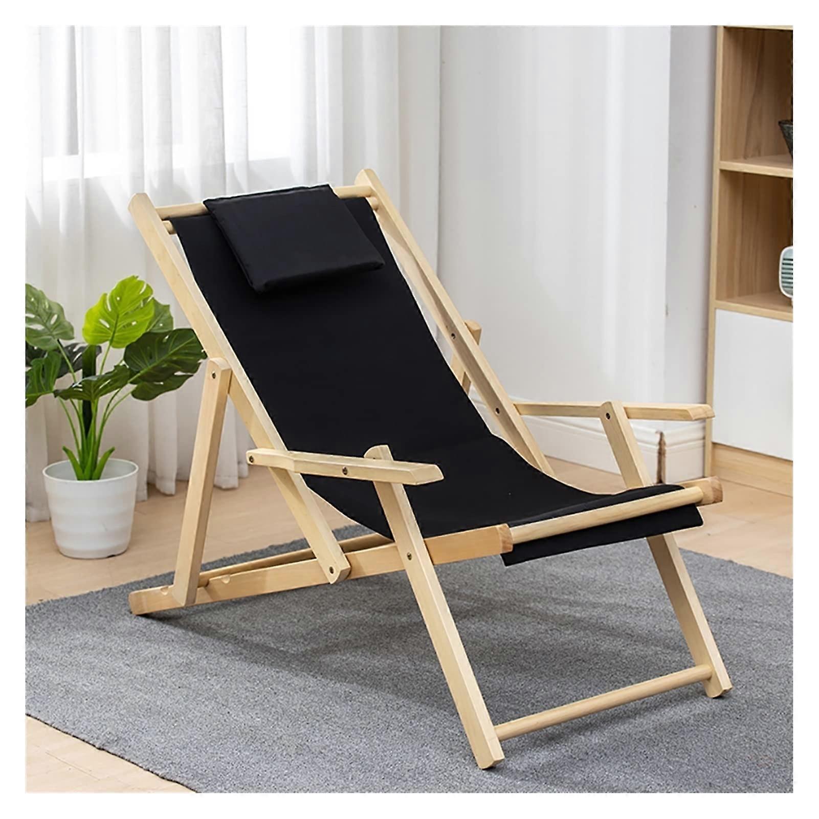 Portable Adjustable Folding Beach Chair With Reclining Backrest Bamboo Frame And Canvas Seat Black For Sunbathing