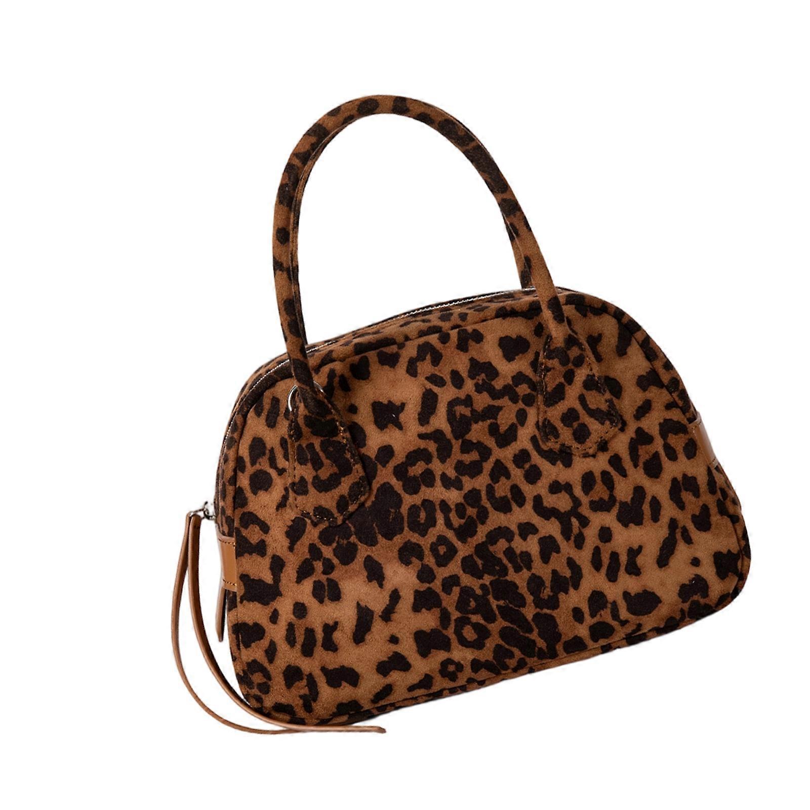 Luxurious Suedes Shoulder Bag Trendy Bowling Crossbody Purse With Multiple Pockets For Work And Travel  leopard brown