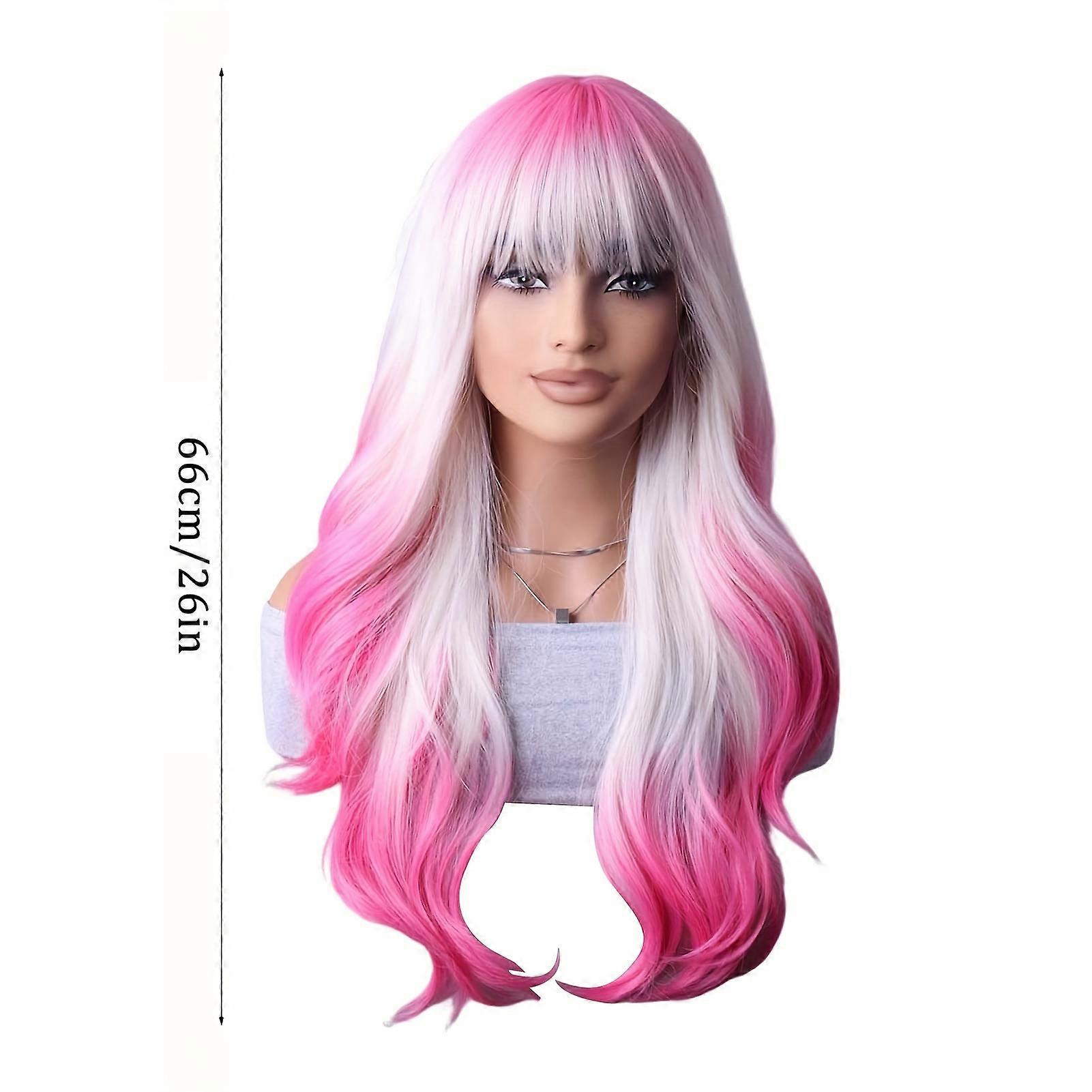 26 Inch Highlight Long Curly Wavy Wig With Bangs Synthetic Wig Beginners Friendly Heat Resistant Elegant for Daily Use Wigs for Women