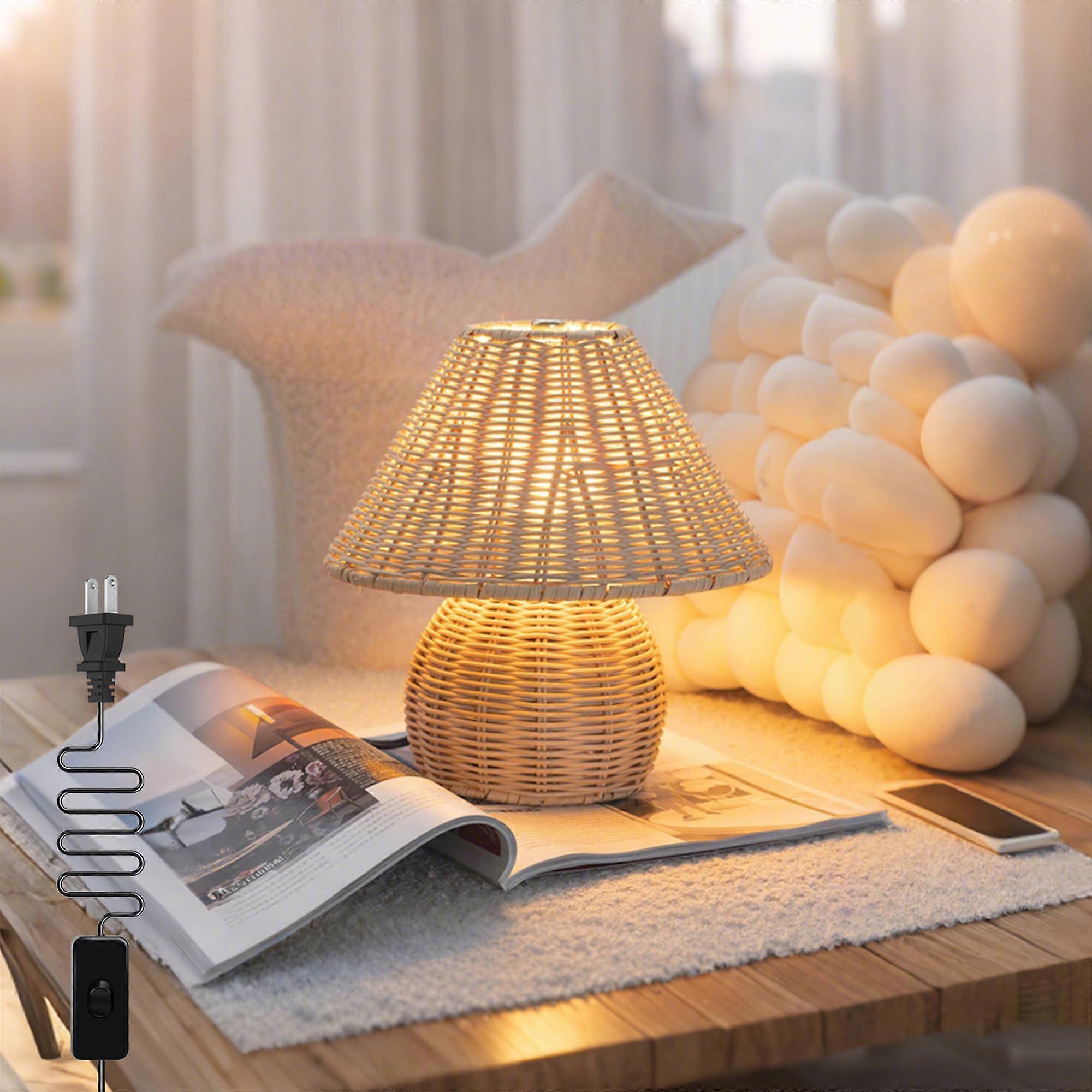 Mini Boho Rattan Table Lamp with 3 Light Modes, Handwoven Bamboo Shade, E26 Bulb for Bedroom Decor