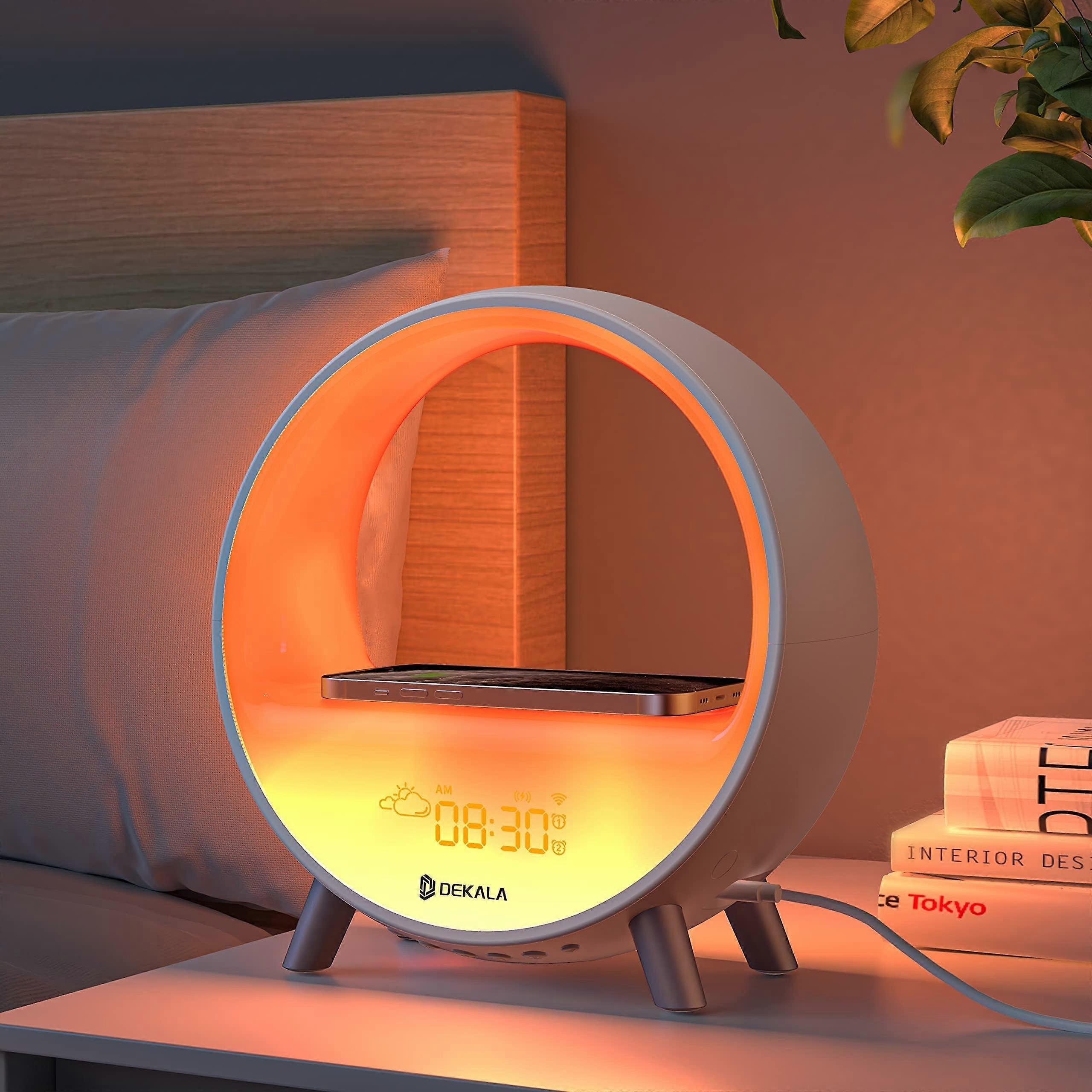 Sunrise Alarm Clock with Wireless Fast Charging, White Noise, Bluetooth Speaker and Ambient Lighting