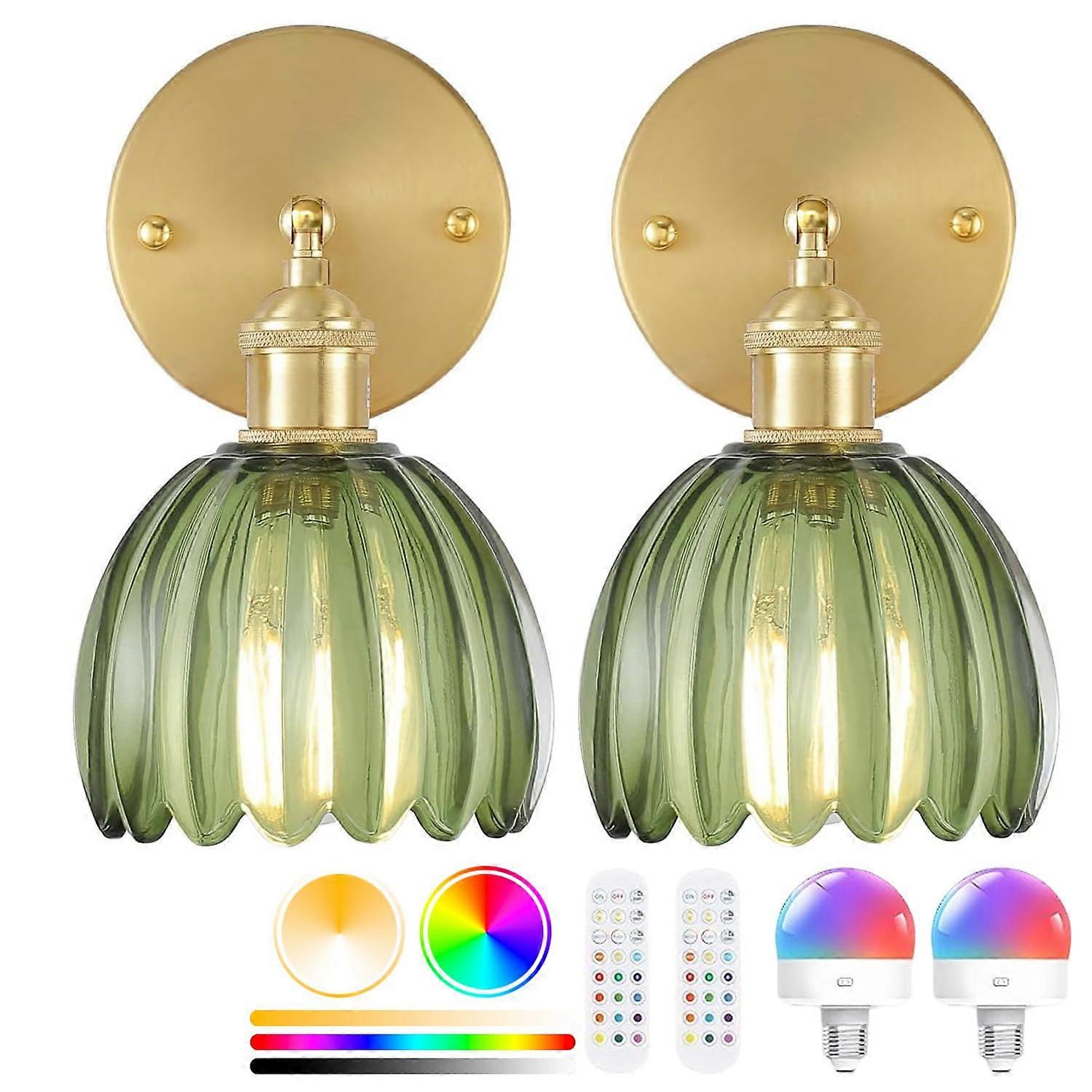 LED Wall Sconce Battery Operated with Vintage Green Tulip Shade, Rechargeable RGB Remote, 2 Pack