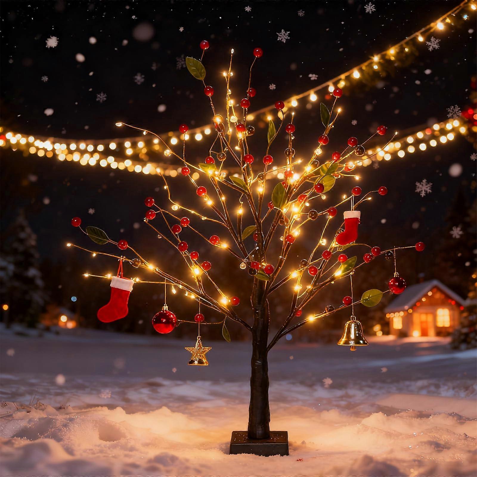 Christmas Berry Tree with Warm LED Glow, Adjustable Branch Holiday Decor, 22in Red Artificial Tree