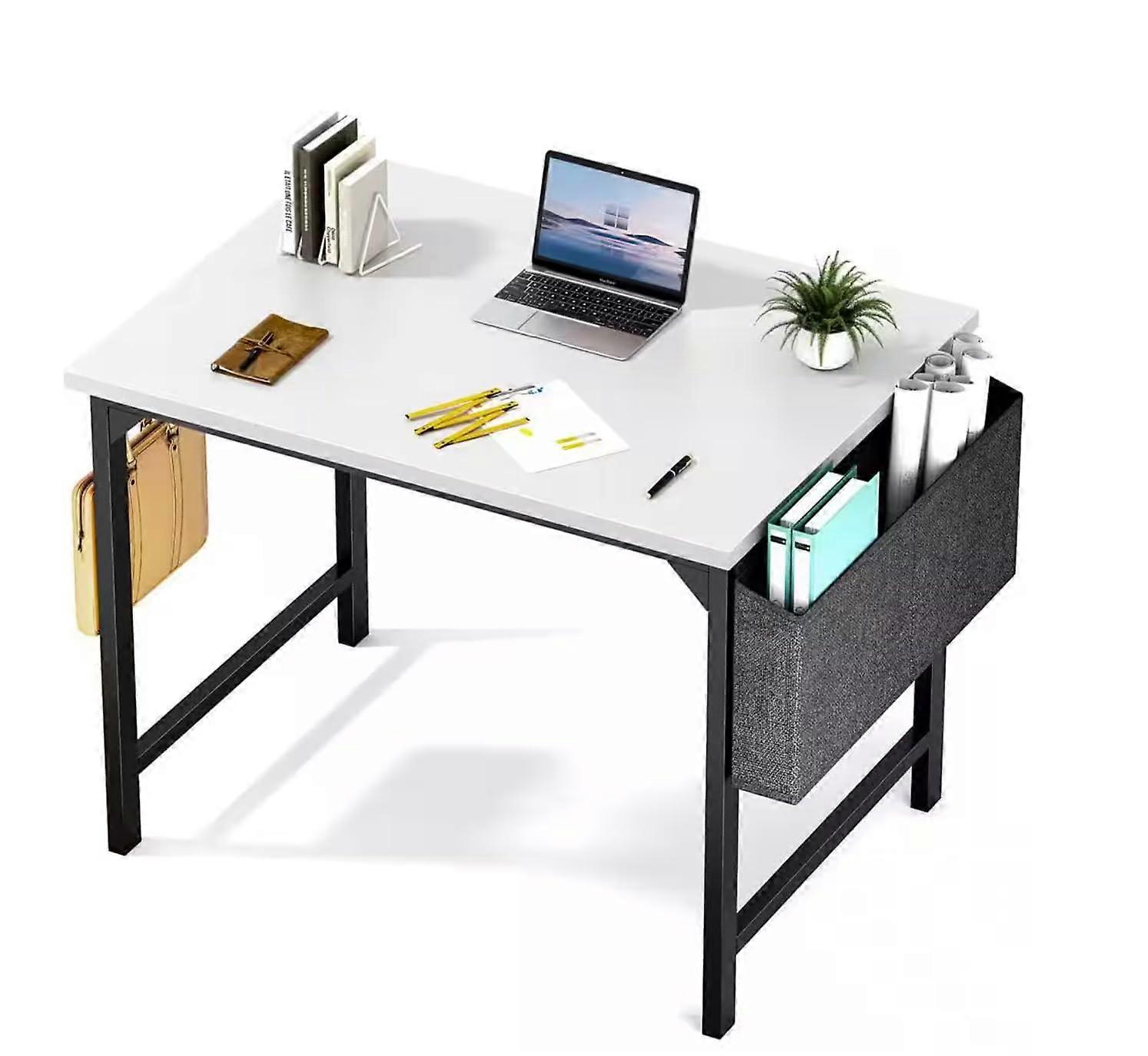 Modern White Computer Desk with Storage Bag and Headphone Hook for Home Office 31.5 in