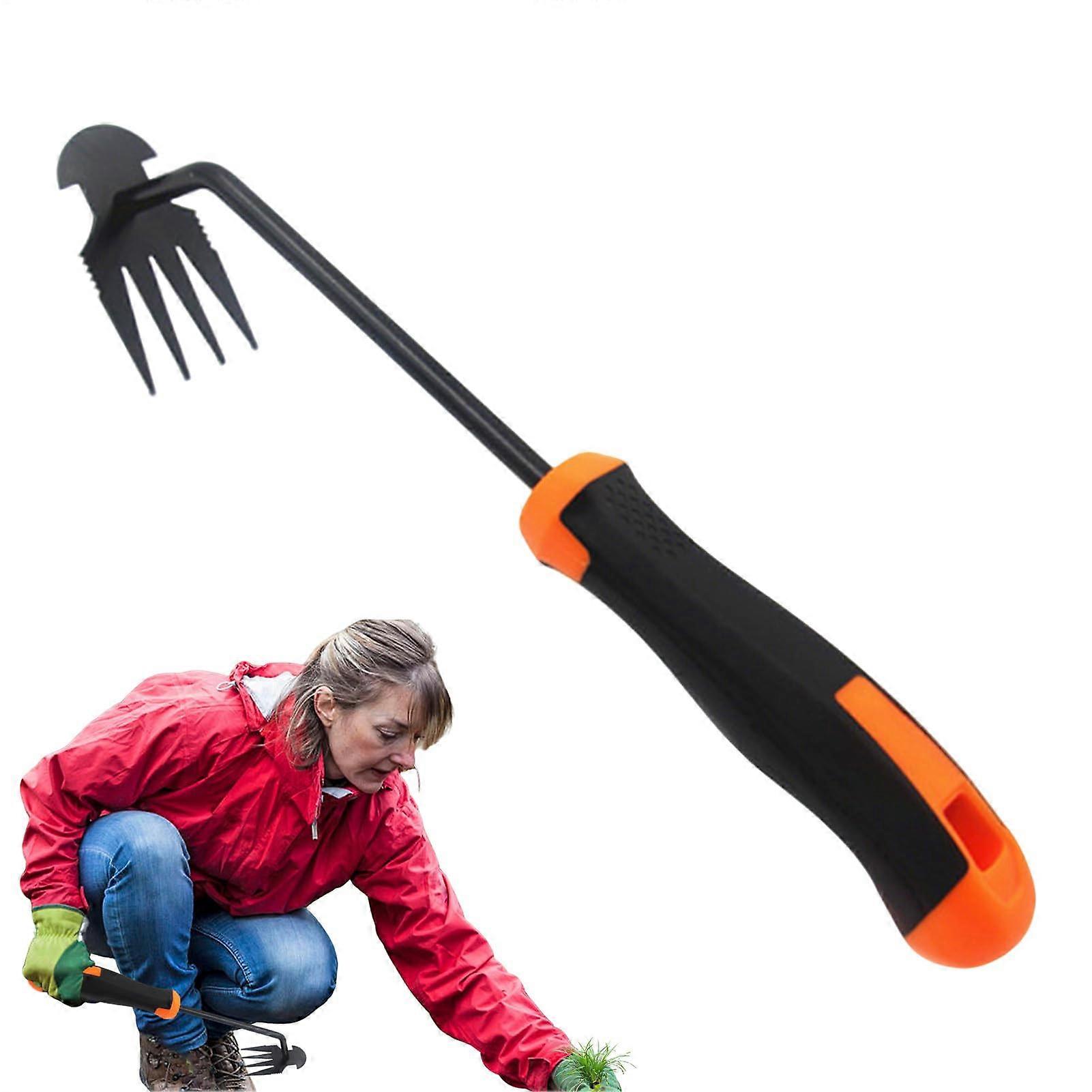 Manual Weed Puller with Four Prongs, Ergonomic Grip Garden Weeding Tool for Deep Root Removal