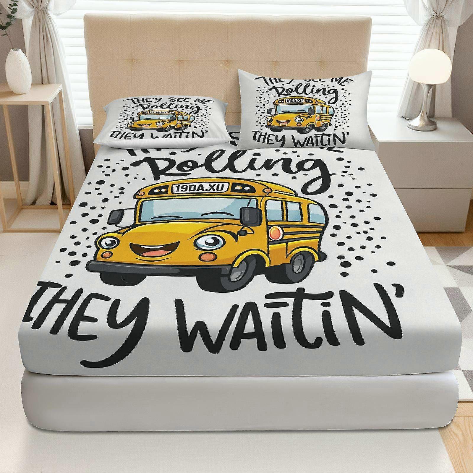 3pcs School Bus Fun Fitted Sheet Set  Coreless Back to School Theme
