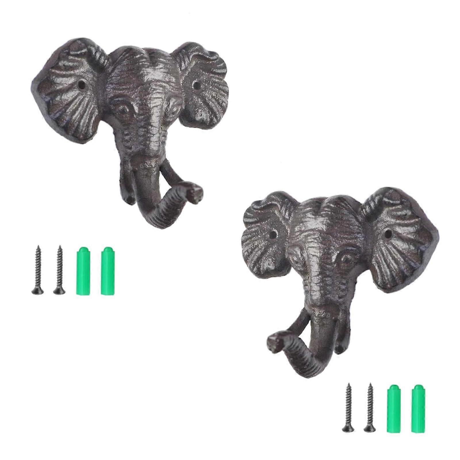 2PC Rustic Elephant Head Cast Iron Wall Hooks, Heavy Duty Decorative Coat Hooks for Home
