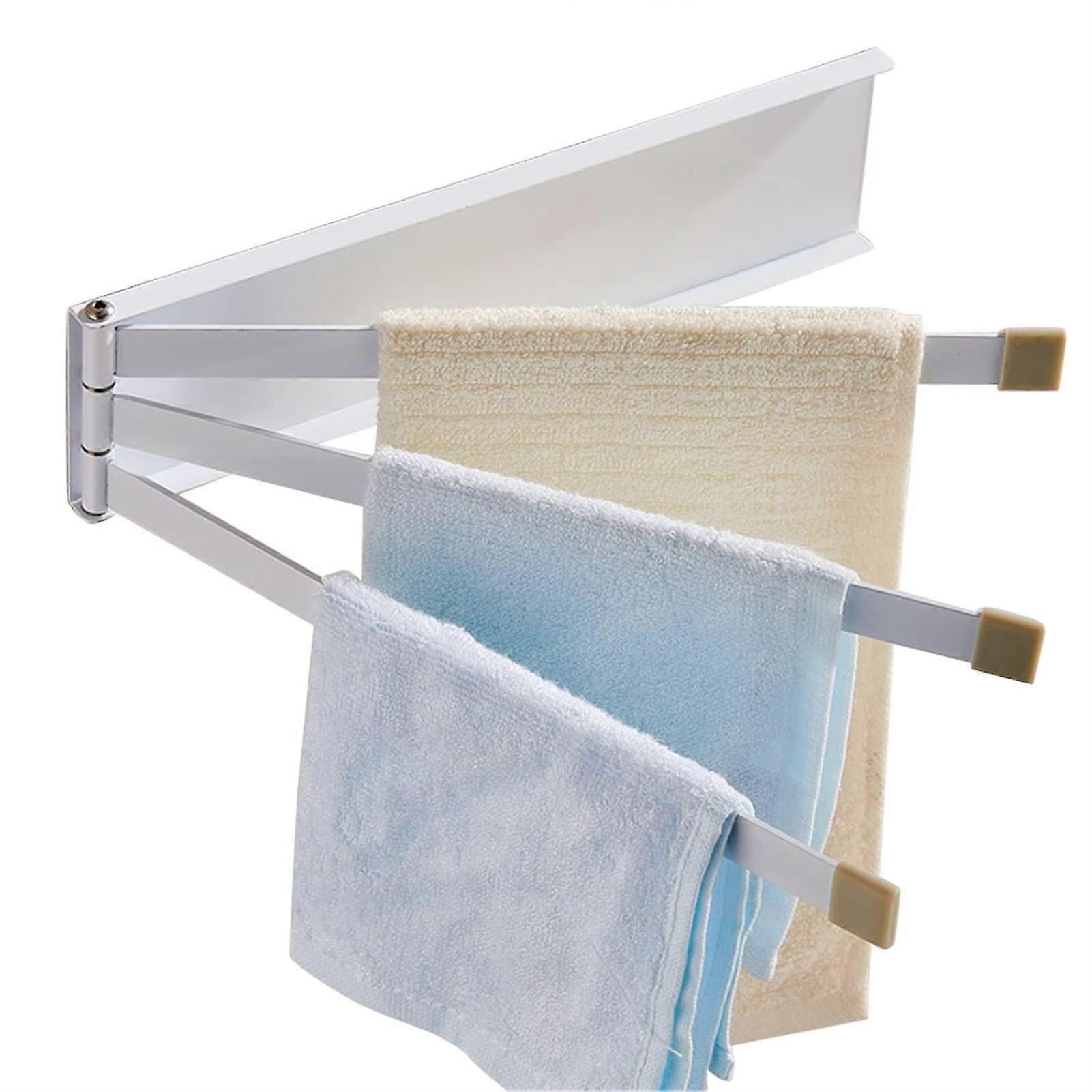 White 3 Layer Wall Mounted Rotating Towel Rack with Foldable SpaceSaving Design and Adhesive