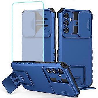 Case for Samsung Galaxy A34 5G with Slide Camera Cover, Kickstand and Tempered Glass, Shockproof Protective Cover Blue