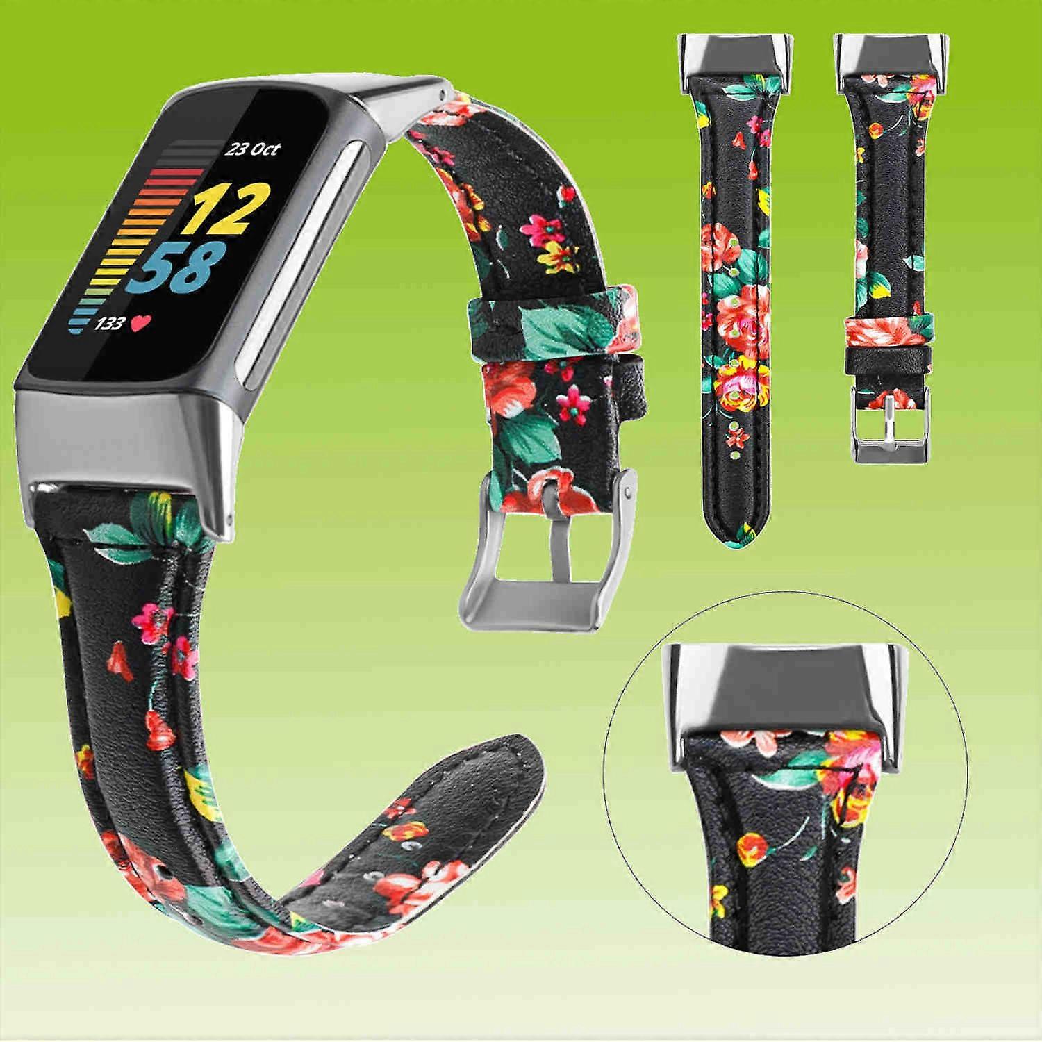For Fitbit Charge 6 / 5 Leather Watch Smart Sport Band Pattern 2 Size: S Accessories