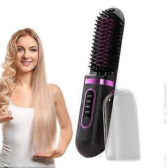 Draadloze stijltang met kam, paarse keramische ionenwarmteborstel, draagbare oplaadbare stylingtool voor vrouwen, anti-frizz gladmakend.