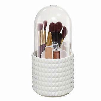 360-Degree Rotating Makeup Brush Holder, Large Capacity Dust-Proof Storage Box with 5 Compartments, Plaid Design for Home