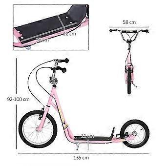 Kids' scooter with pneumatic tires and handbrake, 16-inch height-adjustable kick scooter for boys and girls aged 5 and up, pink kickboard city scooter