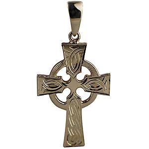 9ct Gold 35x24mm hand engraved knot pattern Celtic Cross with bail