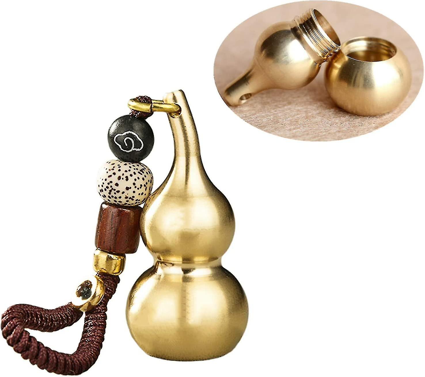 Feng Shui Brass Wu Lou Gourd Key Chain With Bodhi Beads For Good Luck Fortune, Brass Calabash Gourd With Buddha Beads For Longevity, Wealth And Succes