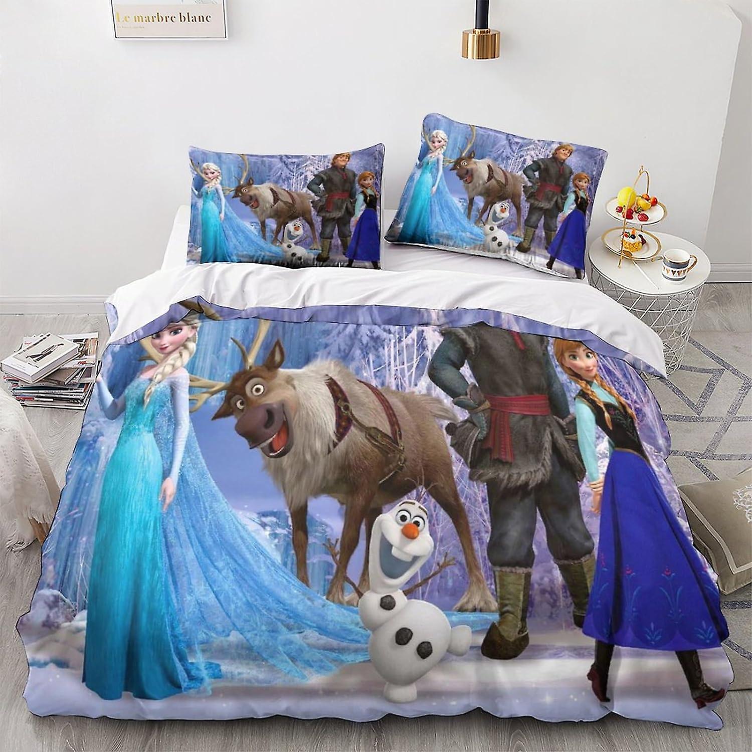 HOUKIG Frozen Print Duvet Cover 3pcs Bedding Set Anime Characters Quilt Cover Comforter Cover Soft Easy Care Hotel Comforter Cover with Zipper & Ties 