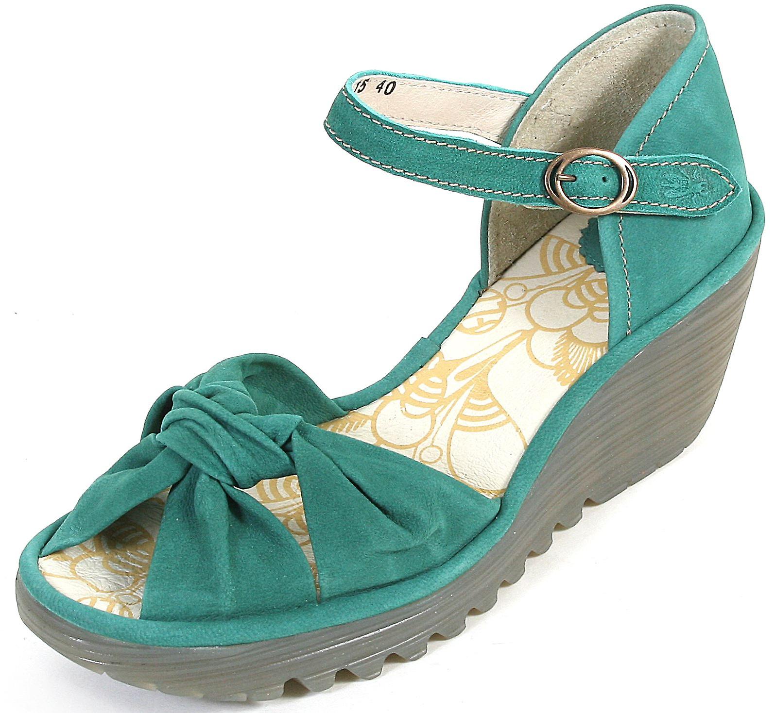 Fly London Yoel Green Womens Leather Wedge Sandals Shoes