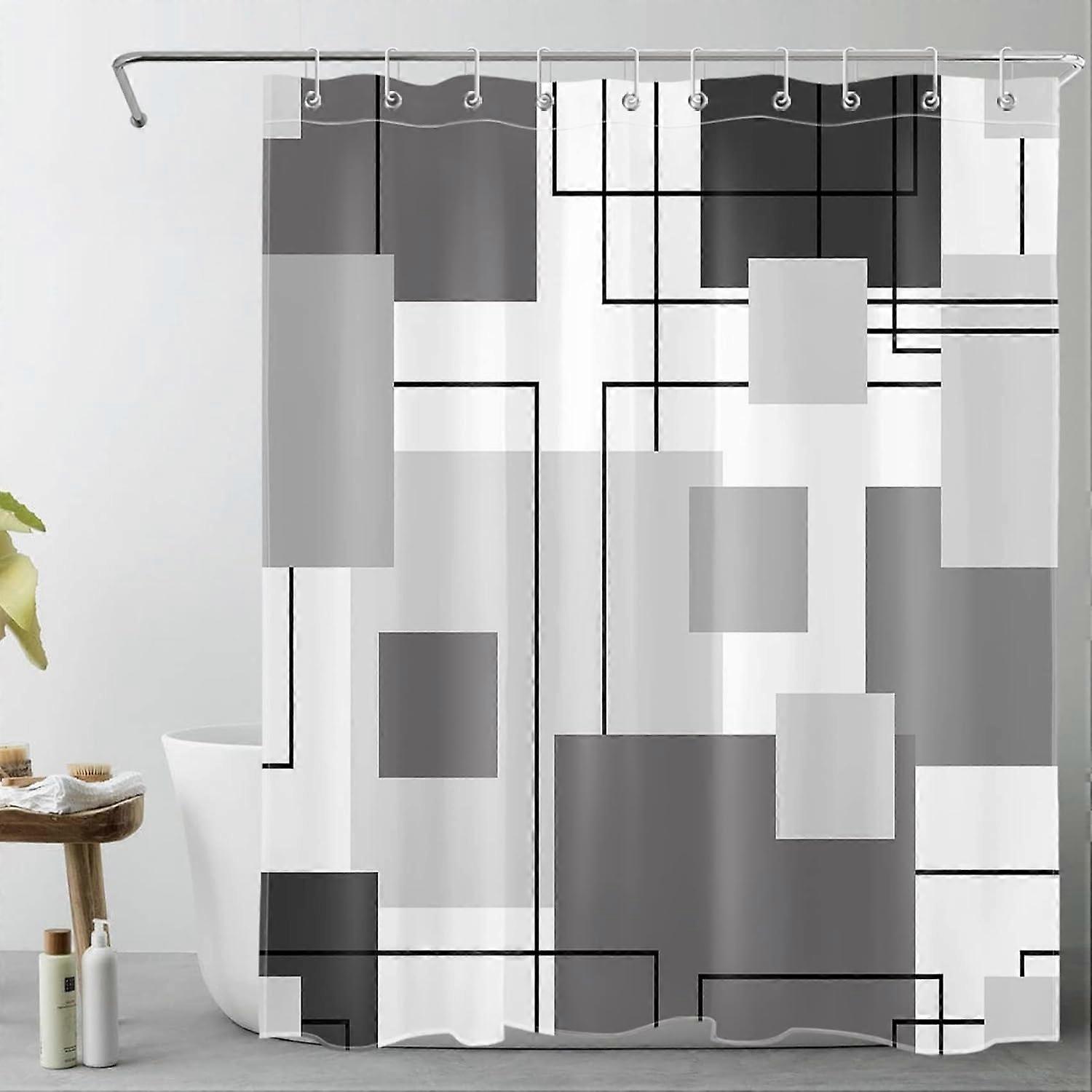 Grey and White Striped Geometric Shower Curtain Decor, Abstract Mid Century Modern Black Shower Curtains for Bathroom 60X72 inch Polyester Fabric Bath