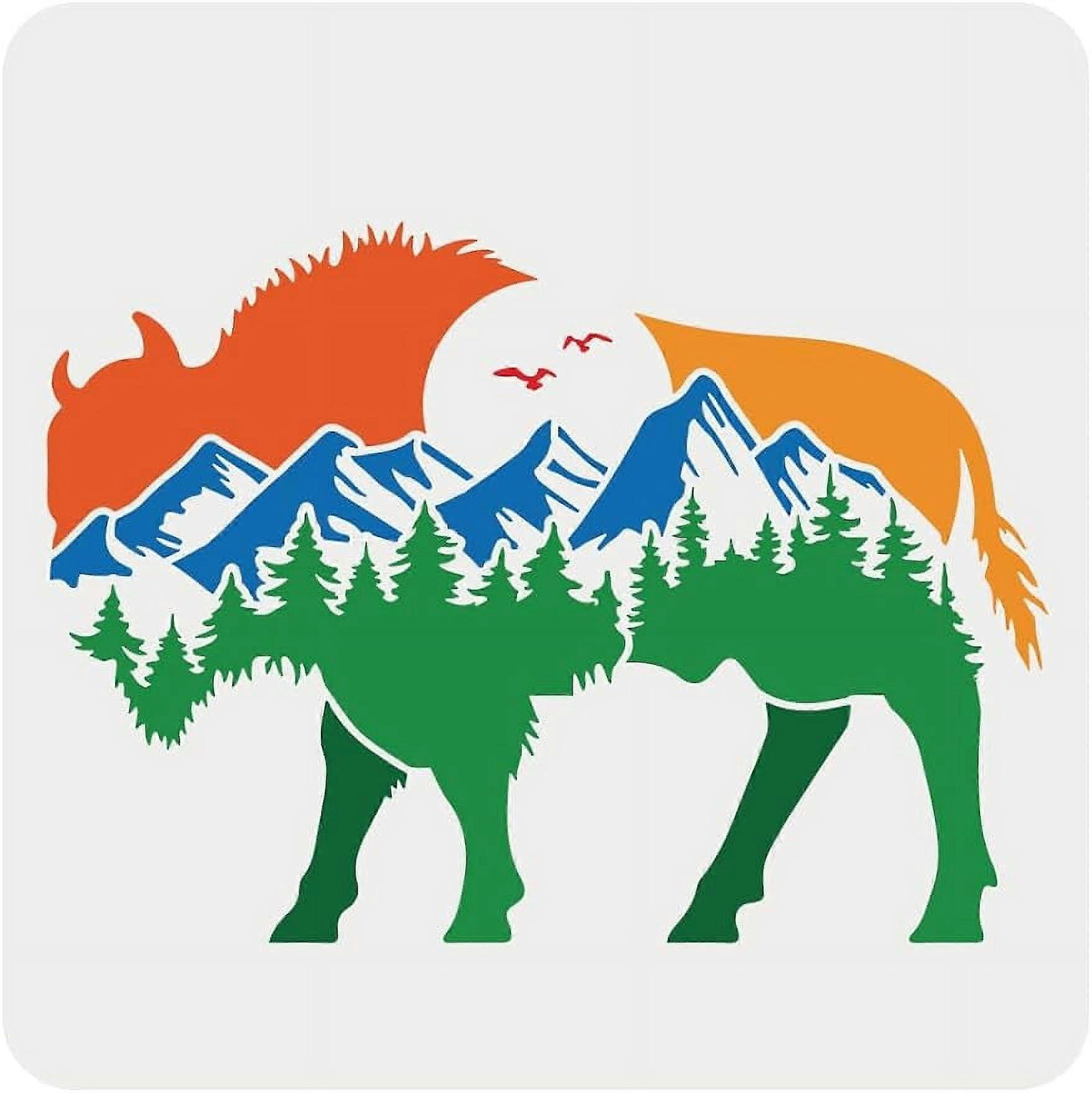 1Pc Buffalo and Nature Stencil for Painting Reusable Bird Mountain Pattern Painting Stencil Plastic Craft Stencil