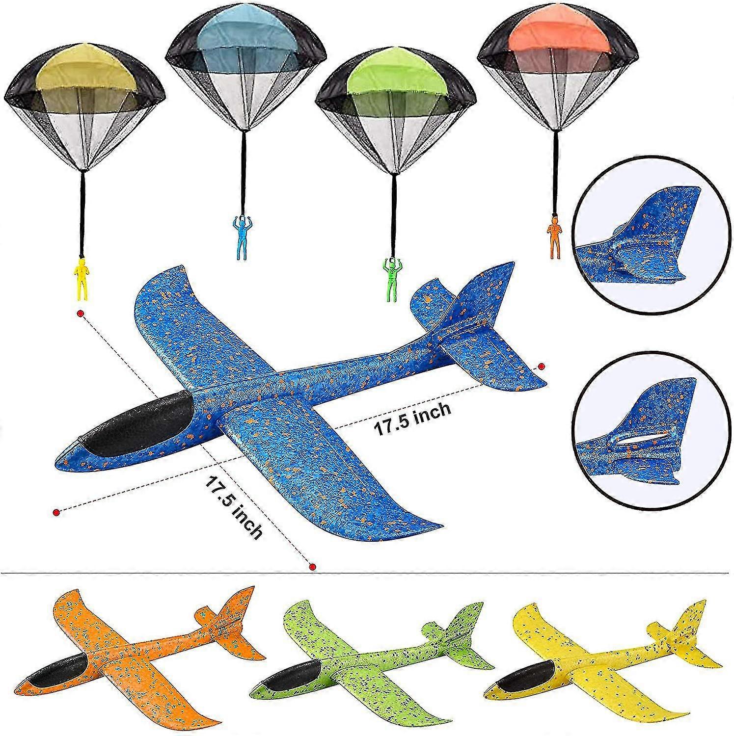 8 Pack 2 In 1 Foam Airplanes And Parachute Toy Combo Set, 2 Flight Mode Glider Planes, Large Throwing Foam Planes And Parachutes, Flying Toys For Kids