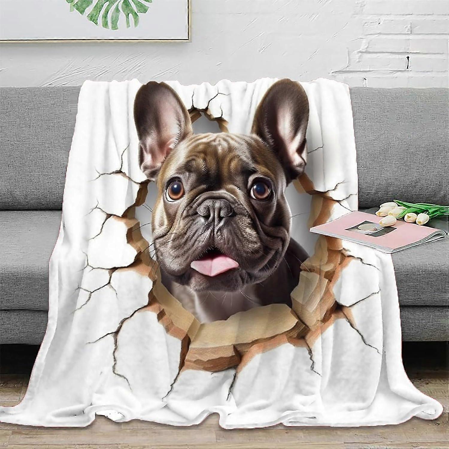 Cute French Bulldog 3D Cartoon Puppy Printed Throw Blanket for