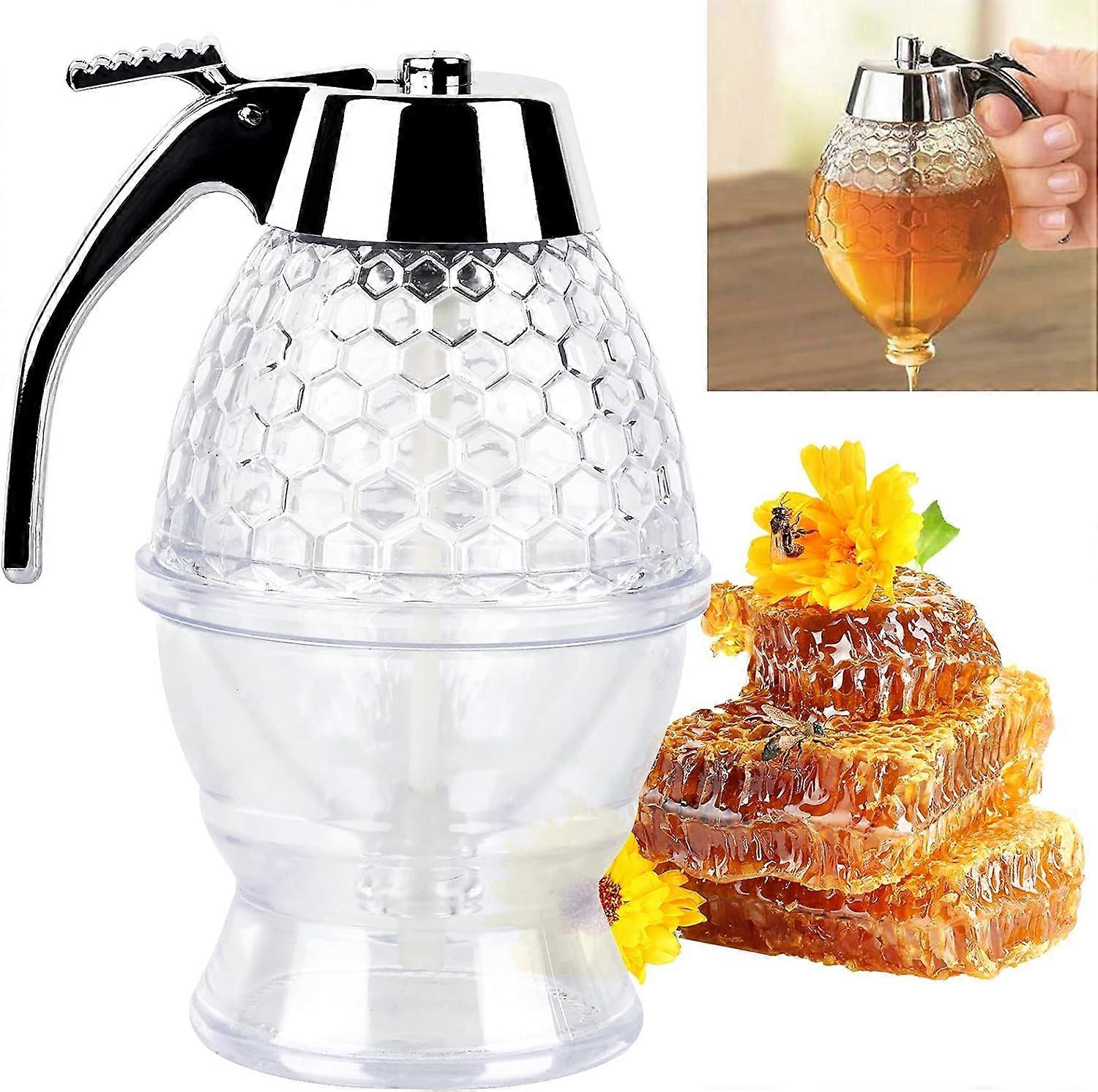 Honey Dispenser, 200 ml Acrylic Syrup Dispenser with Stand, Transparent Honeycomb Pattern, Honey Syrup Dispenser