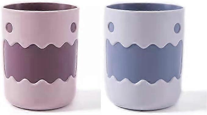 2 pcs Cartoon Little Monster Two-Color Bathroom Toothbrush Cup Household Cartoon Water Cup. (Pink Purple & White Grey)8*10CM