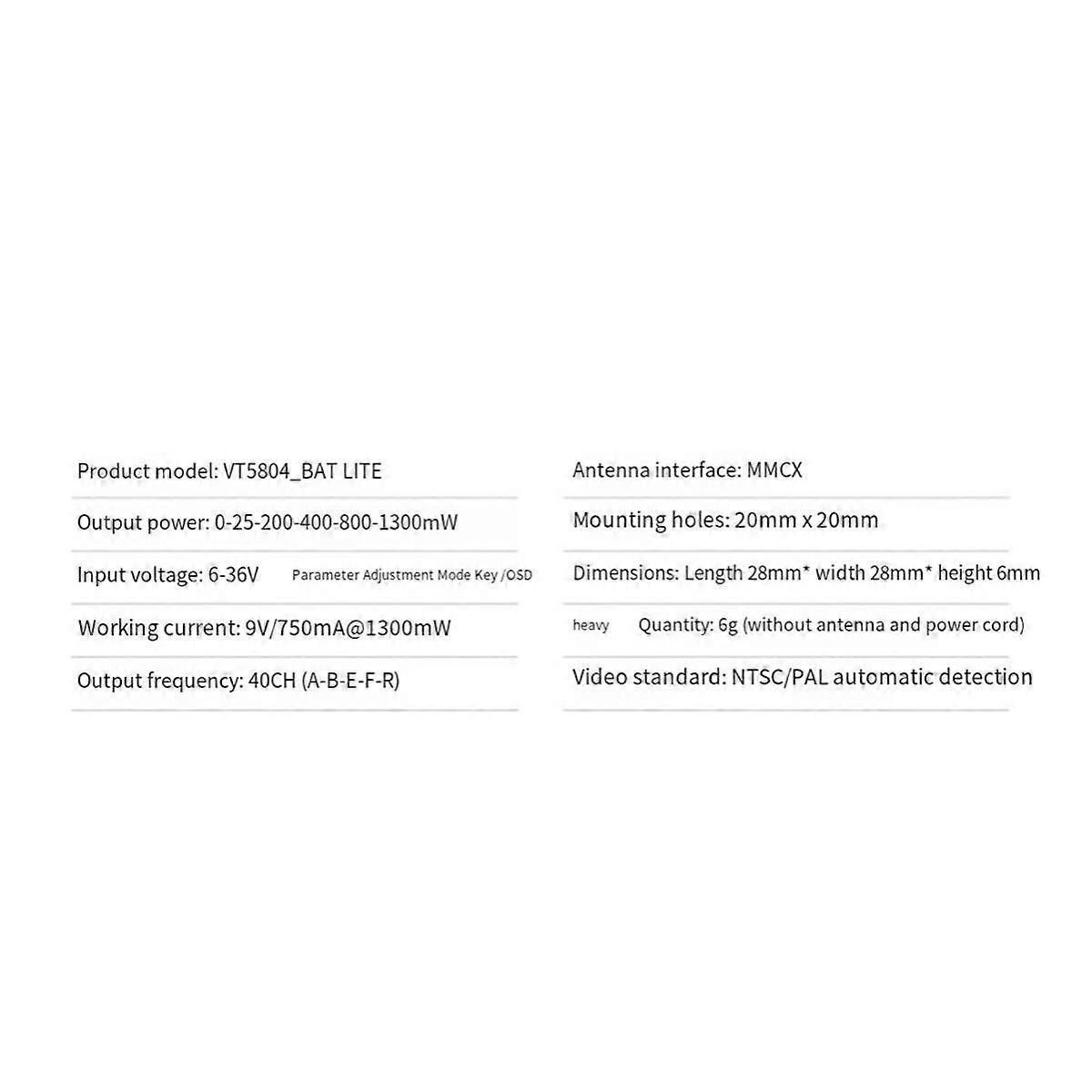 VT5804-BAT Lite 5.8G 1.3W Image Transmission FPV Traversal Aircraft Aerial Photography Module for