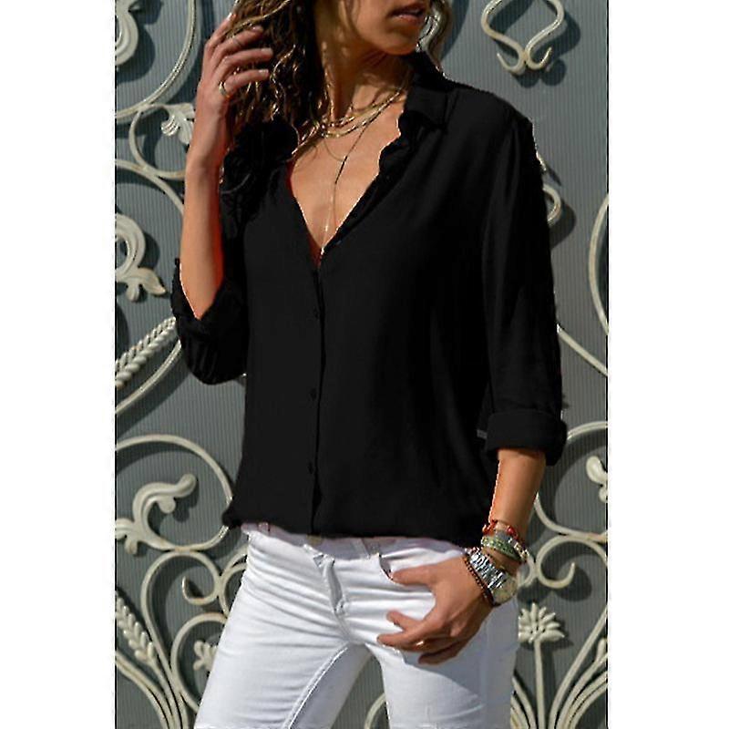 Damen Button-Down-Hemden Lässige Kurzarm-Business-Arbeitsbluse Tops V-Ausschnitt