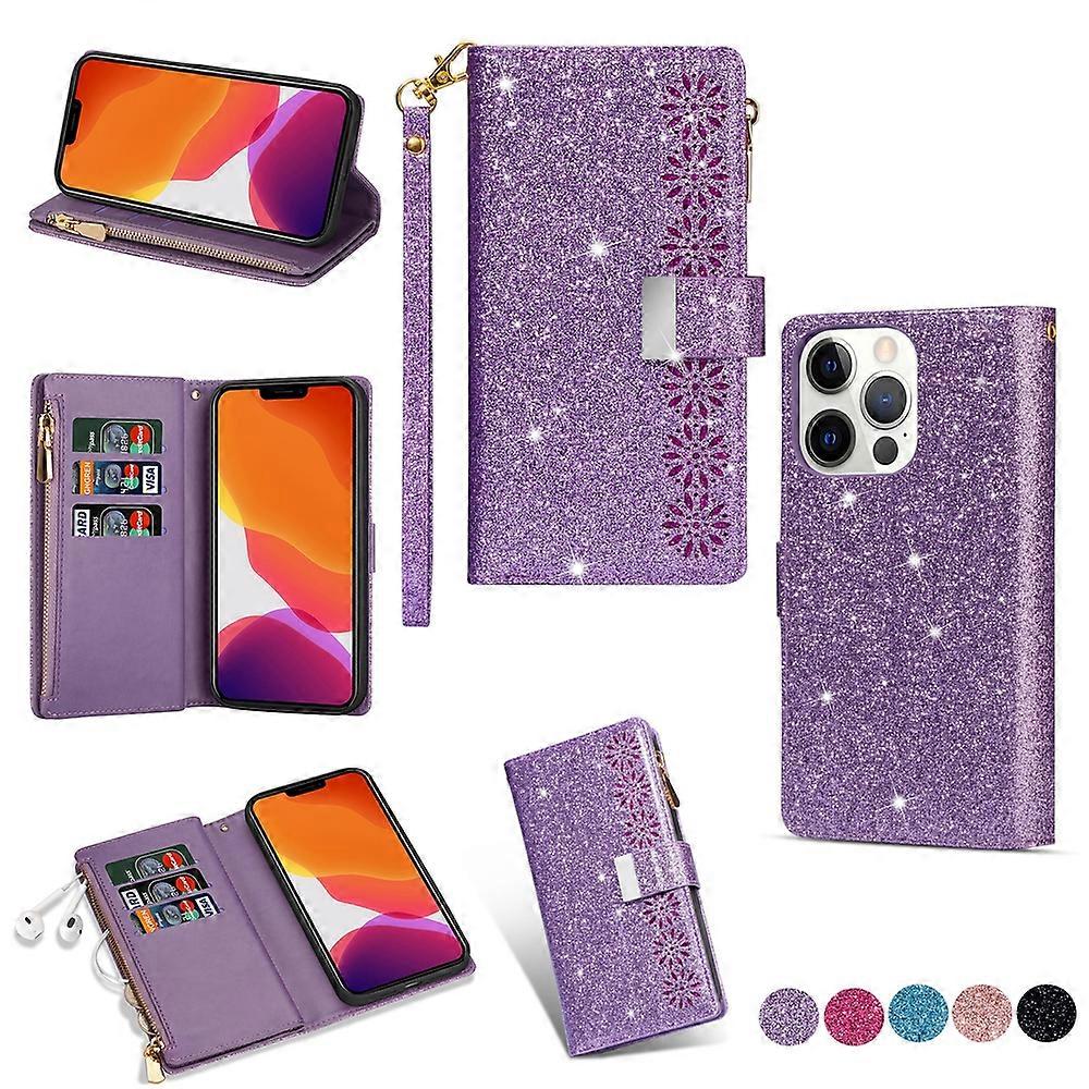Compatible with iPhone 13 Pro Max Bling Wallet Case Glitter Leather Magnetic Stand with Card Slots Zipper Pocket Cover